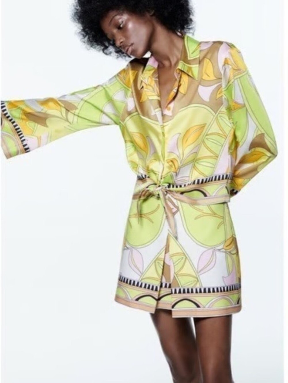 Zara Tie-Front Button Down Shirt in Yellow, Green, Pink Brown Size Medium New